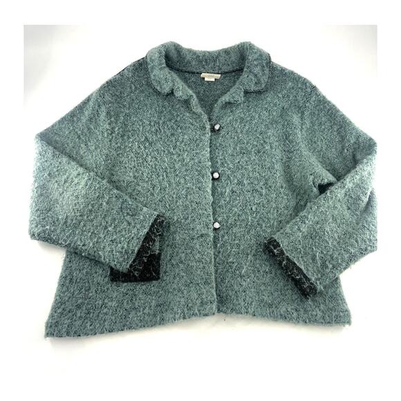 Play Alegre Hand Painted Sweater Womens Large Black Blue Cardigan Mohair Unique - Picture 1 of 12